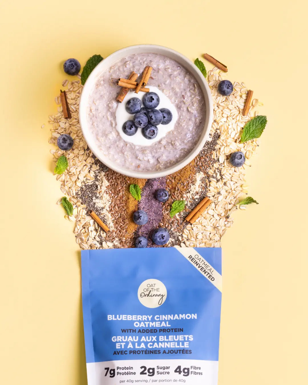 Blueberry cinnamon oatmeal bowl made with fresh blueberry, yogurt, and cinnamon toppings.