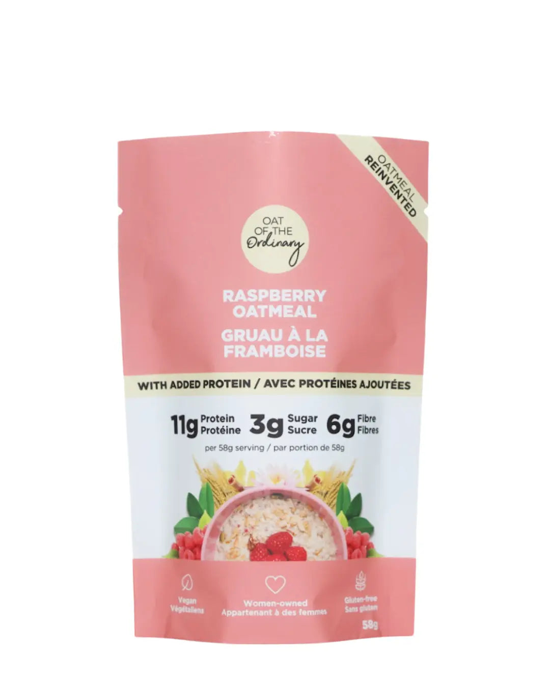 raspberry protein oatmeal in a single-serve pouch.