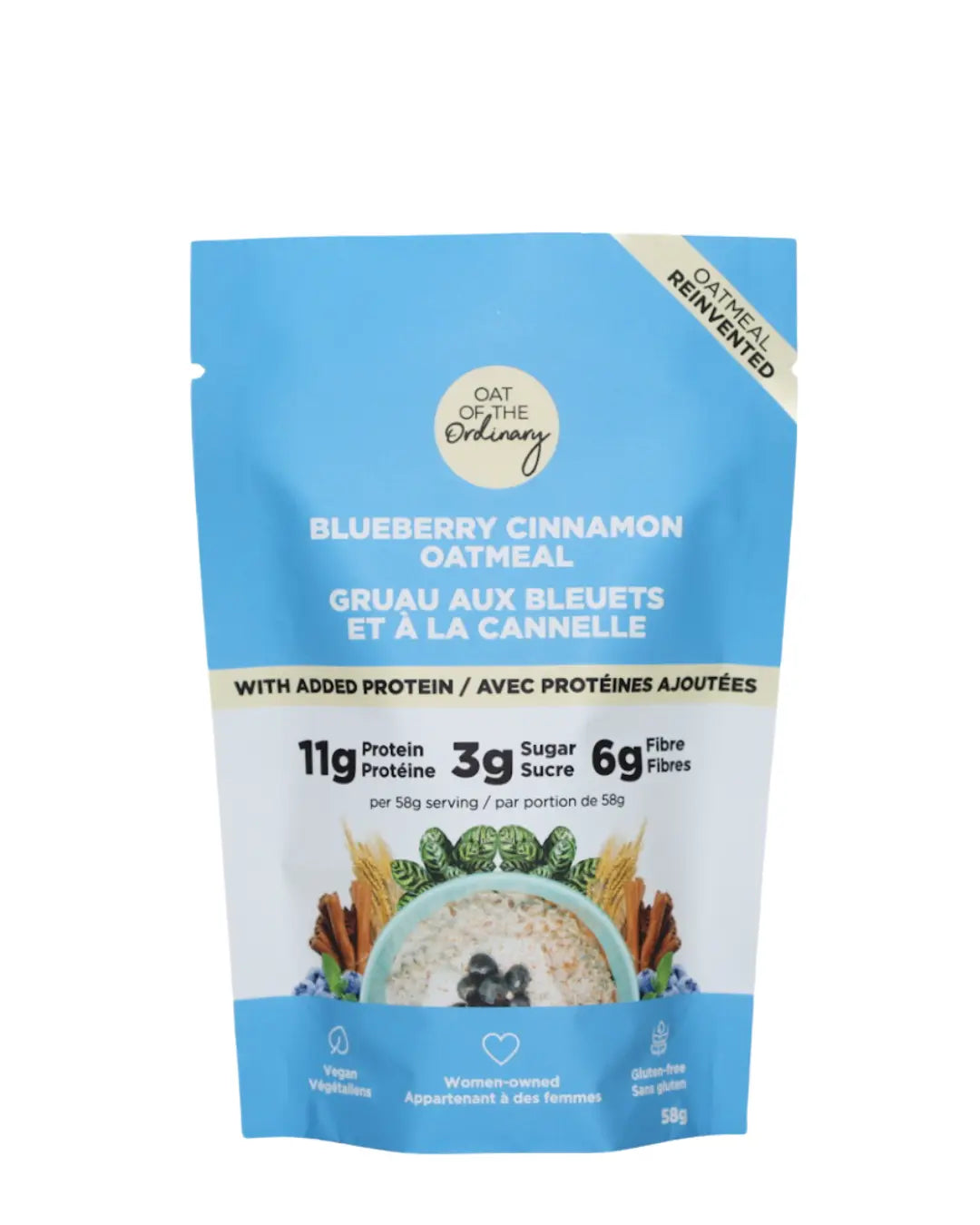 single-serve protein oatmeal blueberry cinnamon pouch.