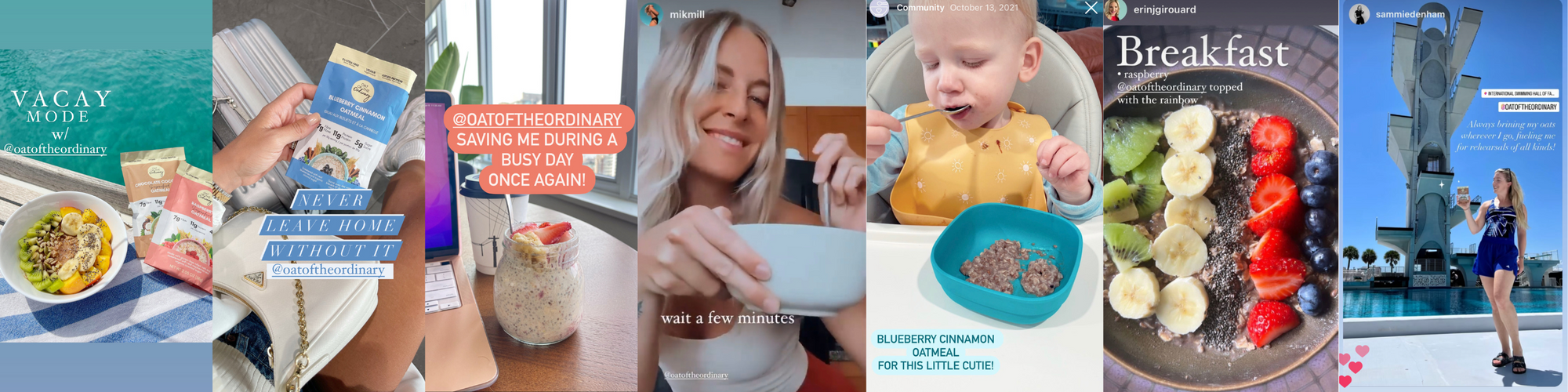 happy customers showing themselves eating their healthy oatmeal with testimonials.