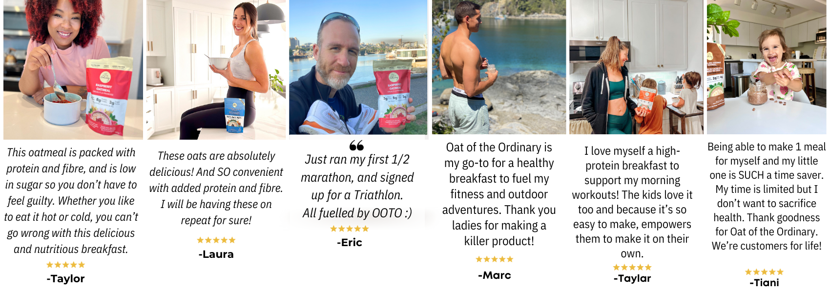 Testimonials from mom's and athletes sharing how oatmeal has supported their health and wellness journey. 