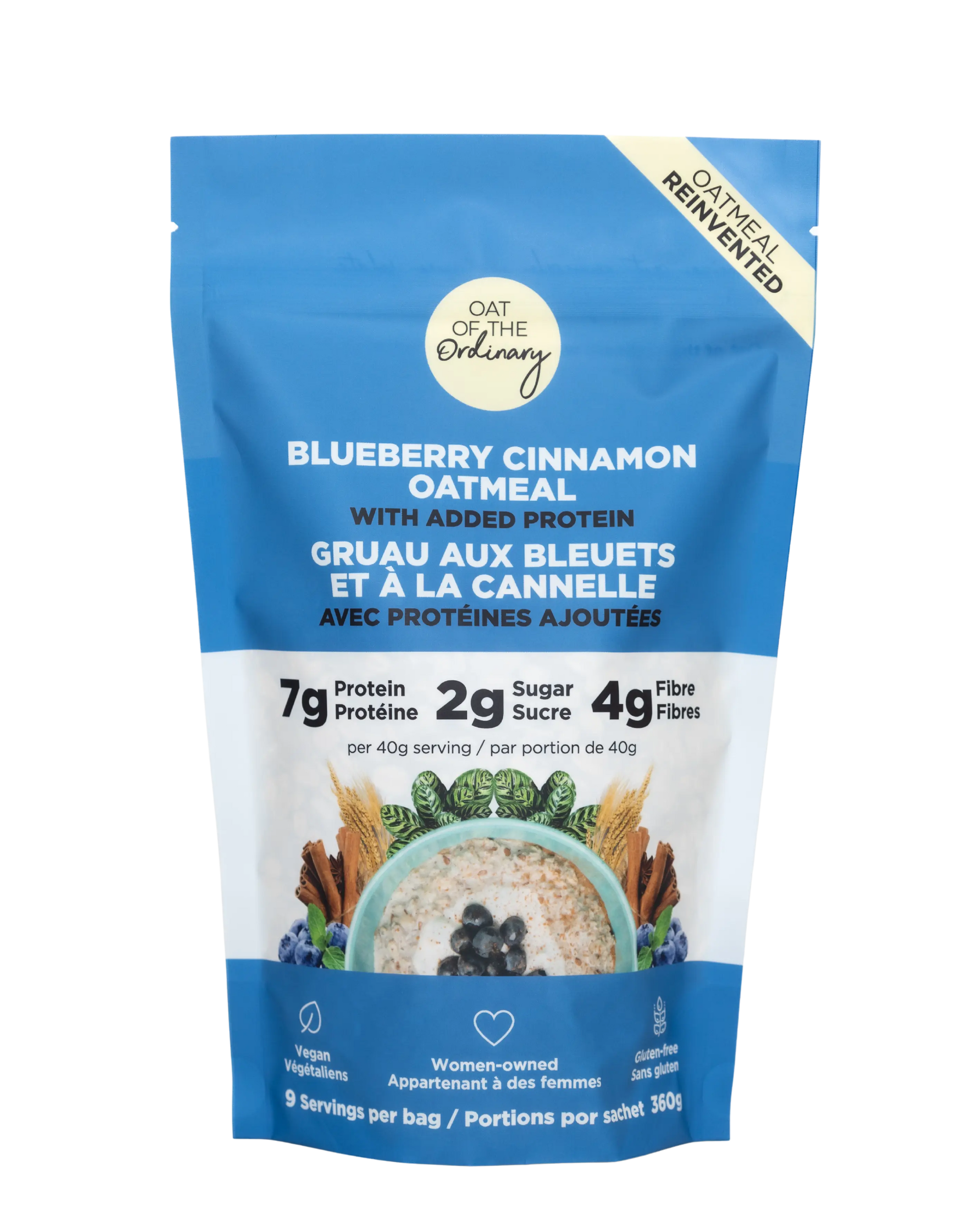 Multi-Serve Blueberry Cinnamon high protein, low sugar oatmeal breakfast.