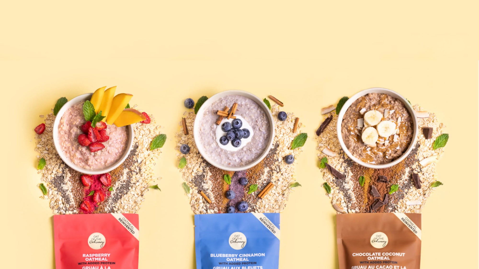 protein oatmeal bowls with ingredients spilling out from the multi-serve pouches.