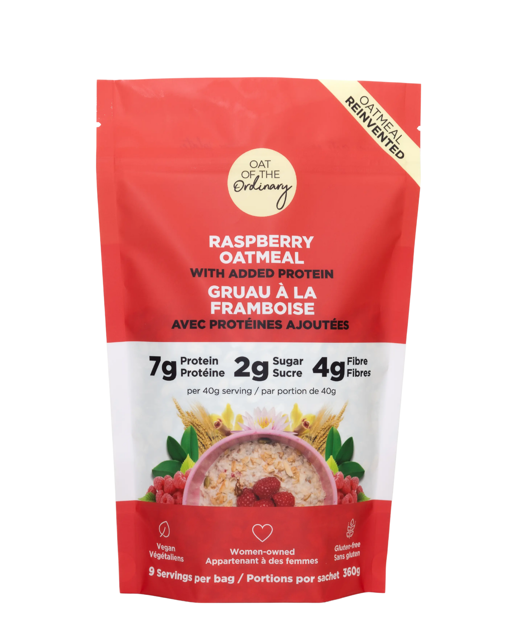 Raspberry protein oatmeal multi-serve pouch.